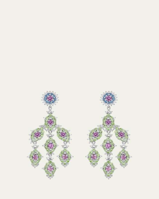18K White Gold Pink Sapphire. Demantoid and Aquamarine Dangle Earrings with Diamonds
